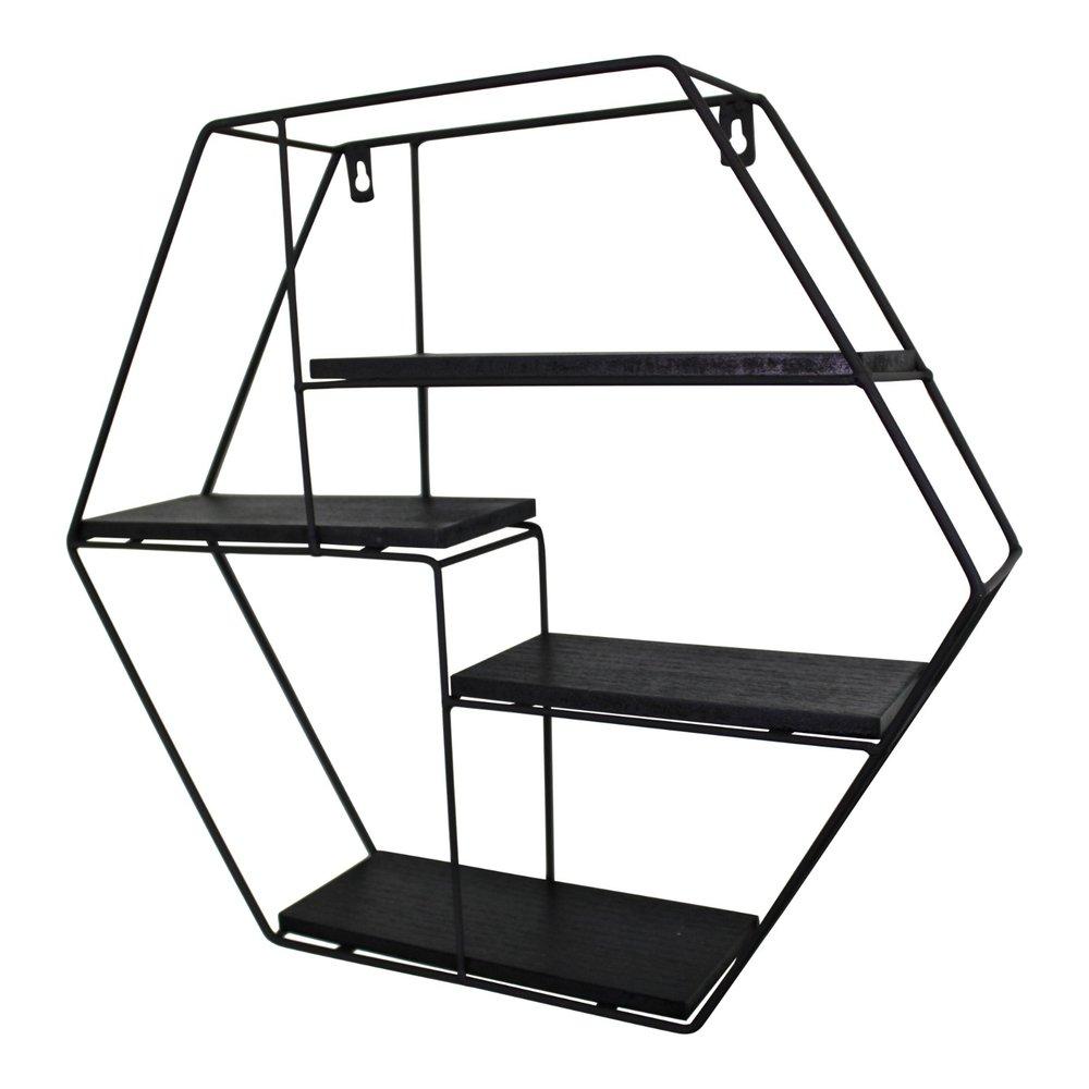 Hexagonal Wall Shelf in Black Metal with 4 Shelves