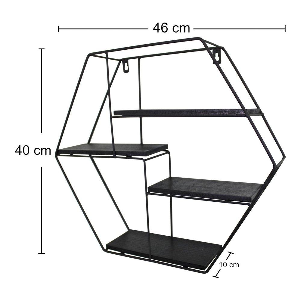 Hexagonal Wall Shelf in Black Metal with 4 Shelves