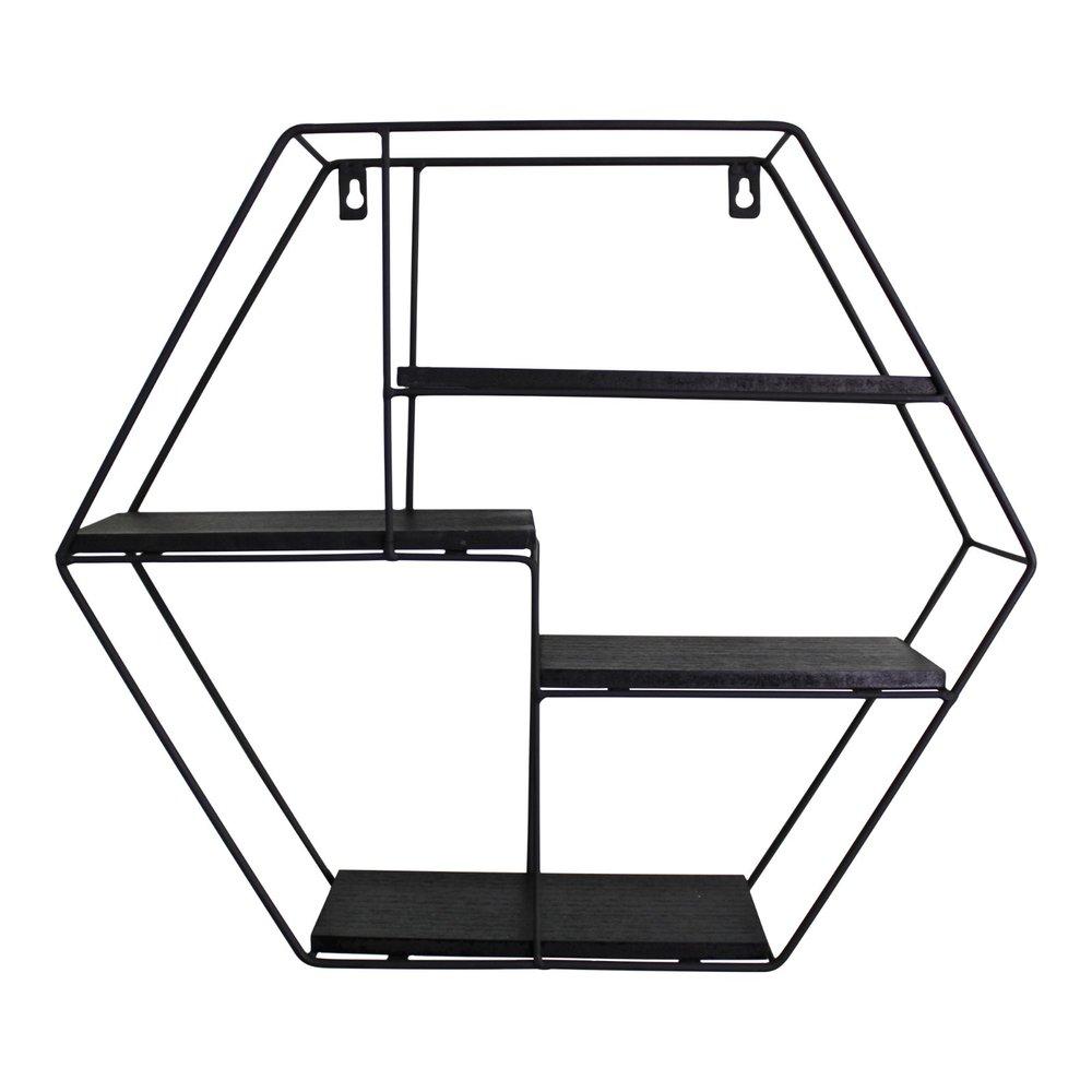 Hexagonal Wall Shelf in Black Metal with 4 Shelves